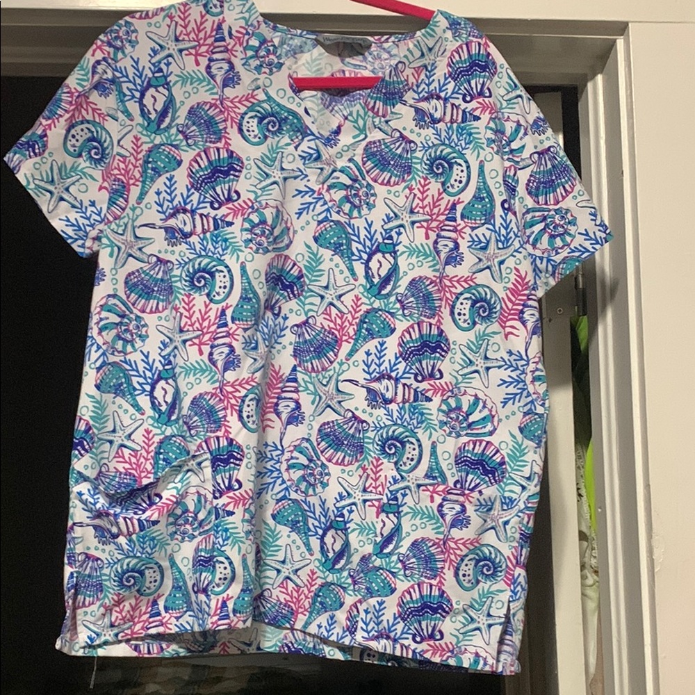 Blue and Purple Short Sleeve Tee with Tropical Print